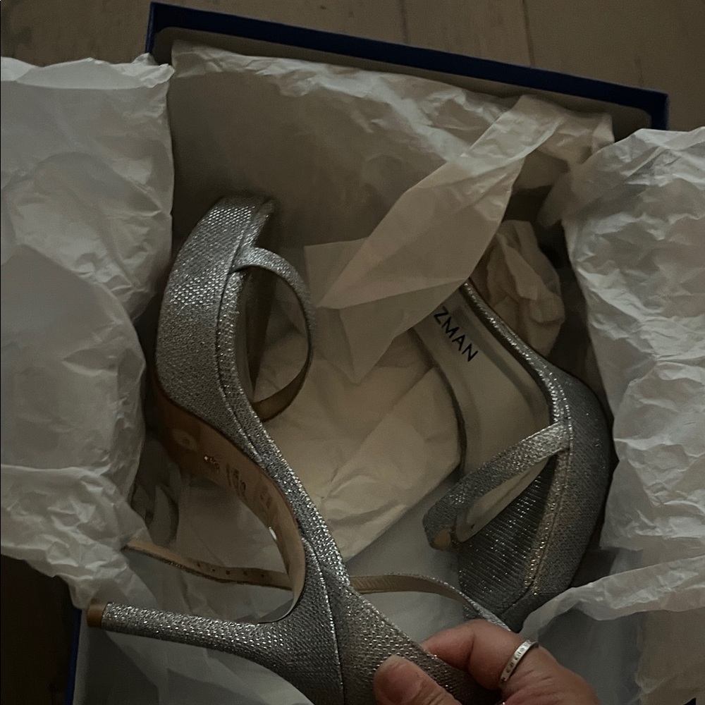 Stuart Weitzman platform strappy Silver Heels 8B - image 2